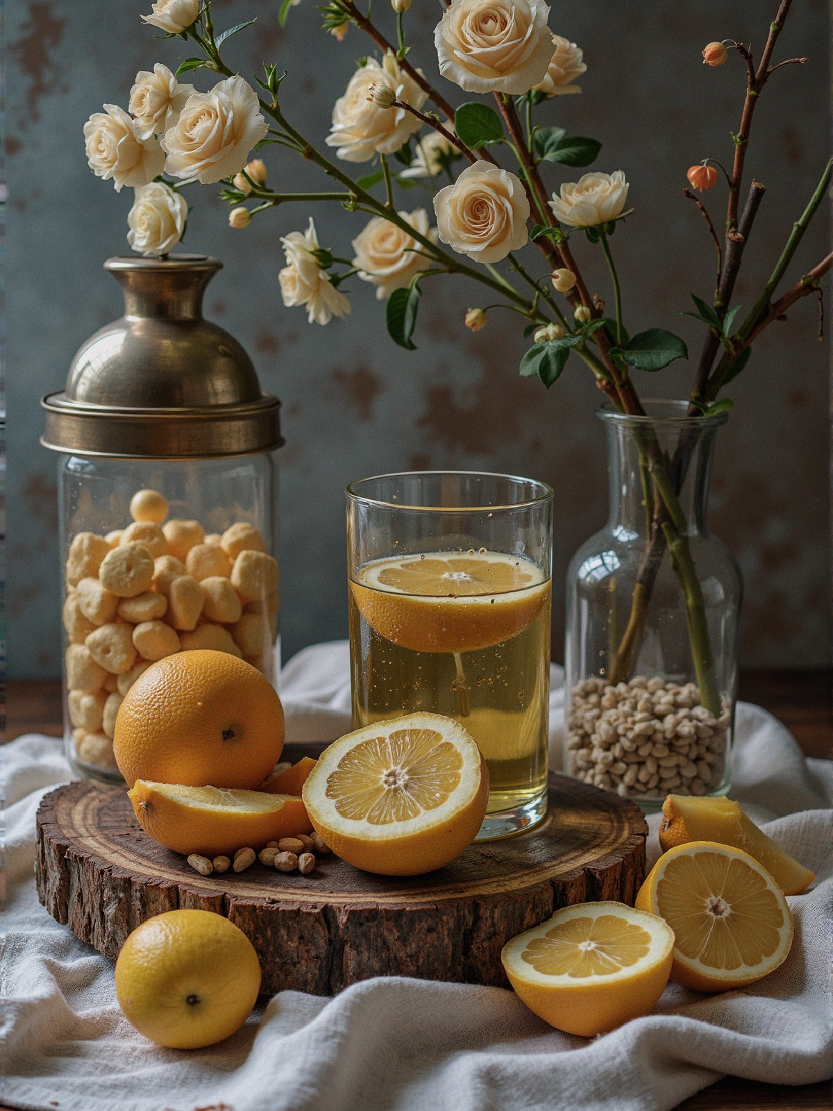 Still Life of Lemon Drink and Fresh Lemons Arrangement