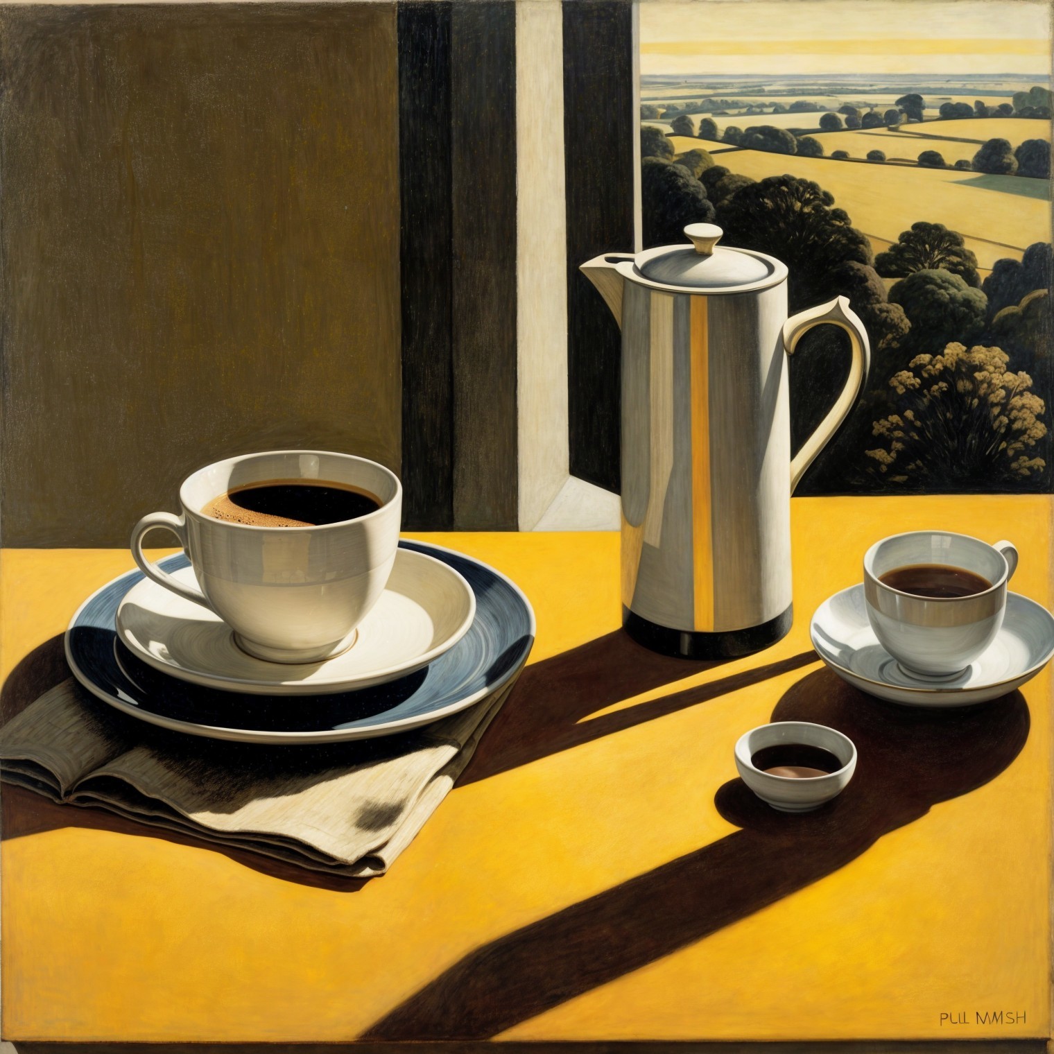Still-Life Coffee Setup on Vibrant Yellow Table