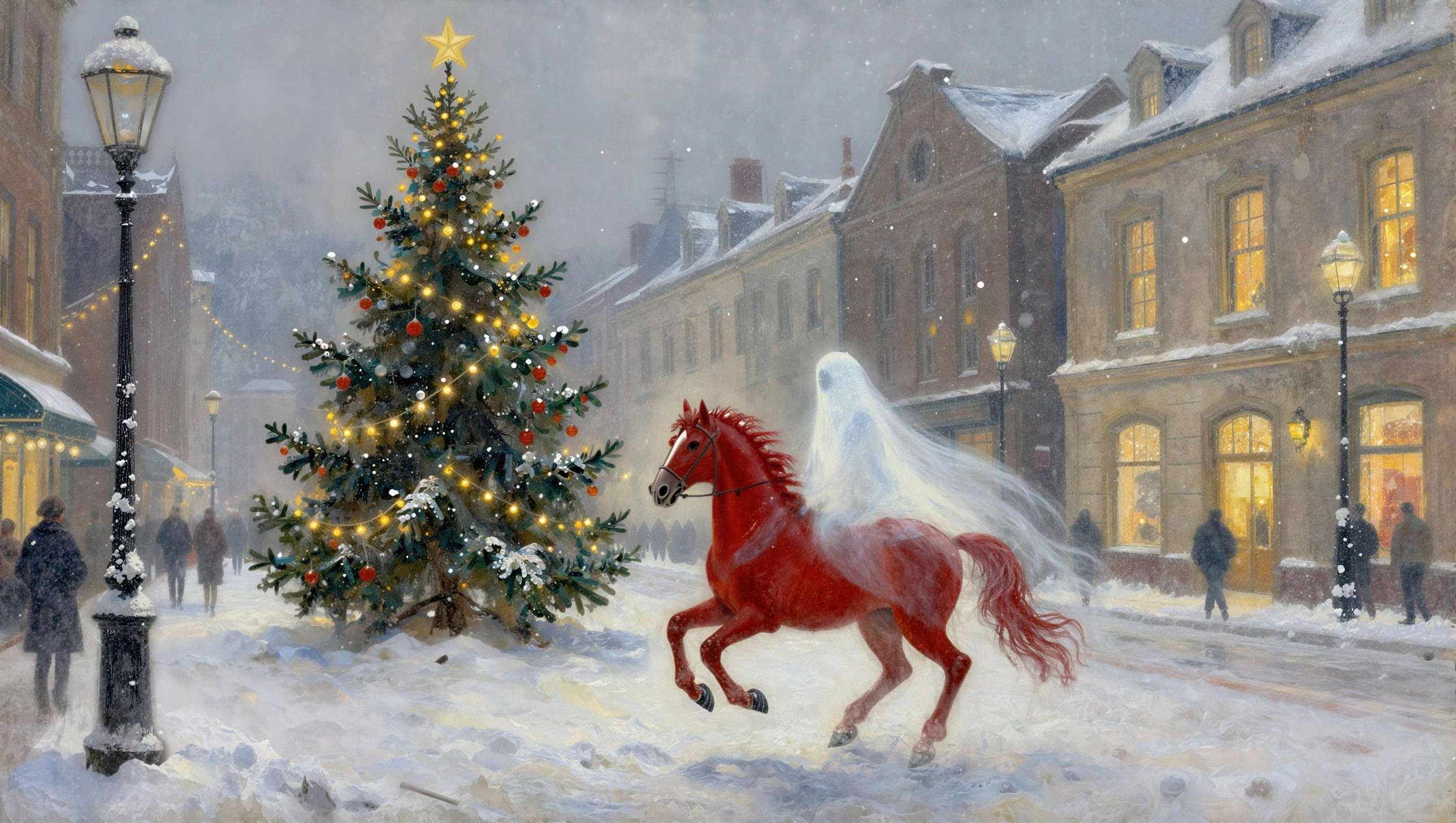 Whimsical Oil Painting of a Snowy Christmas Night