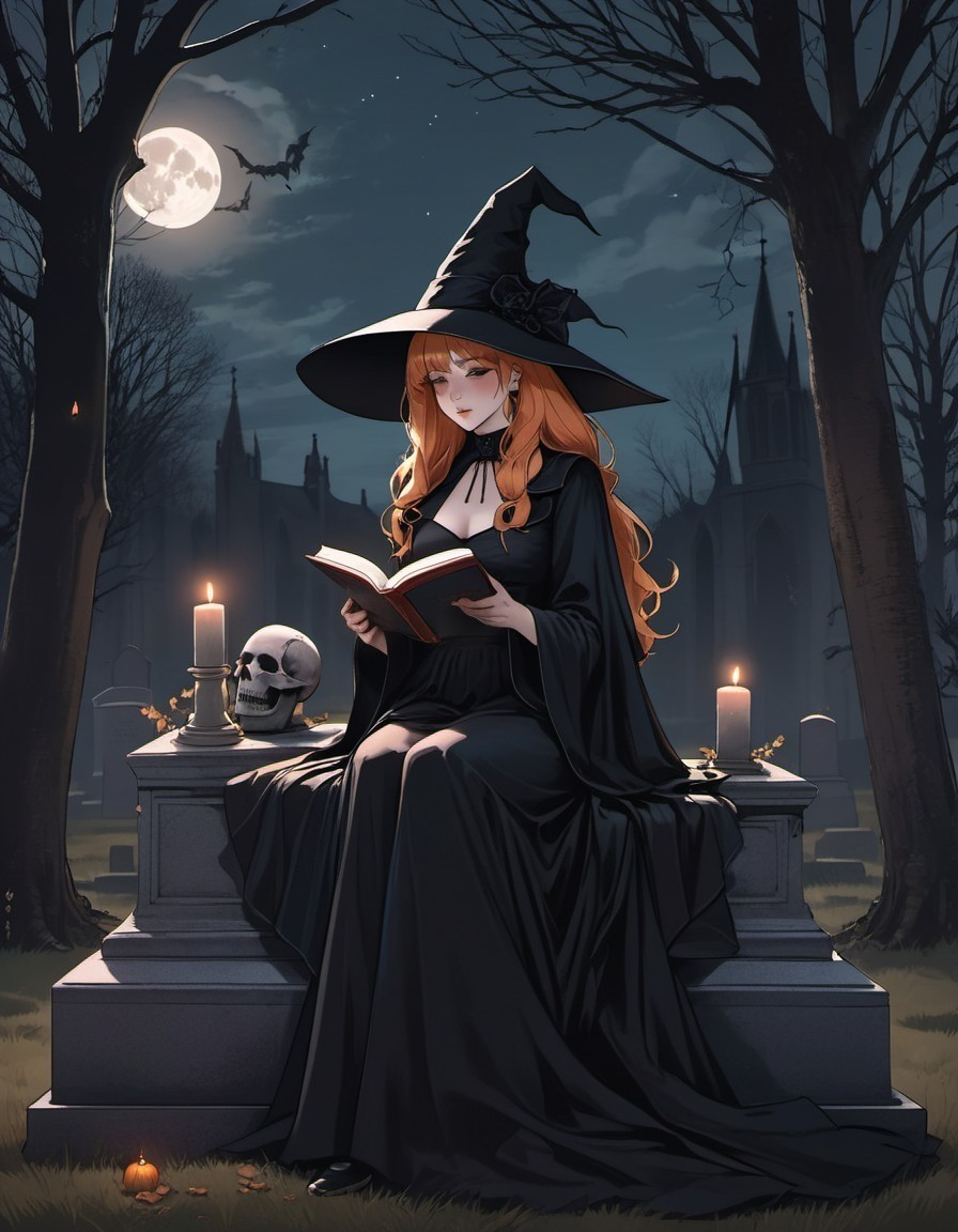 Witch Reading in Moonlit Graveyard with Candles and Skull