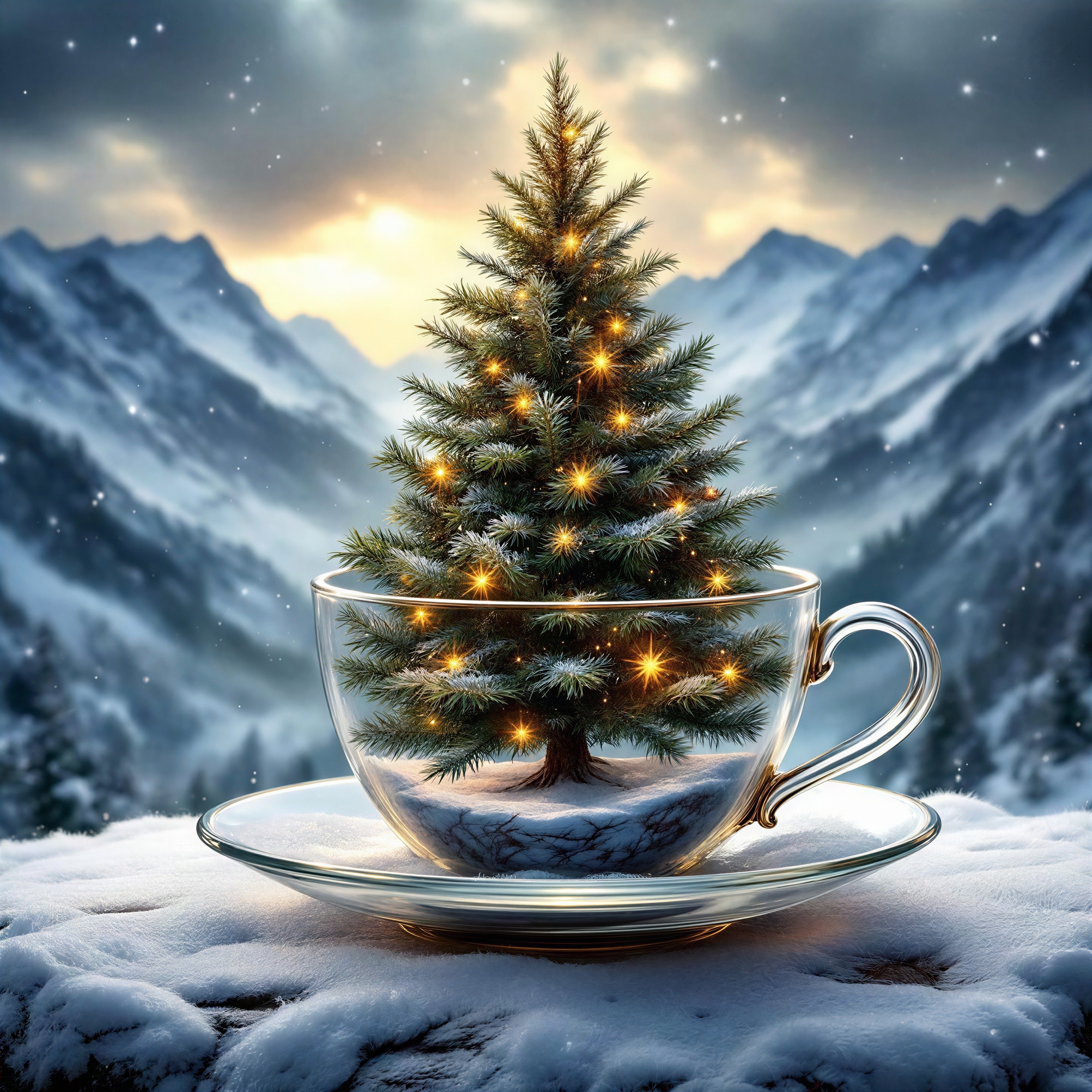Christmas Tree in Glass Teacup on Snowy Surface