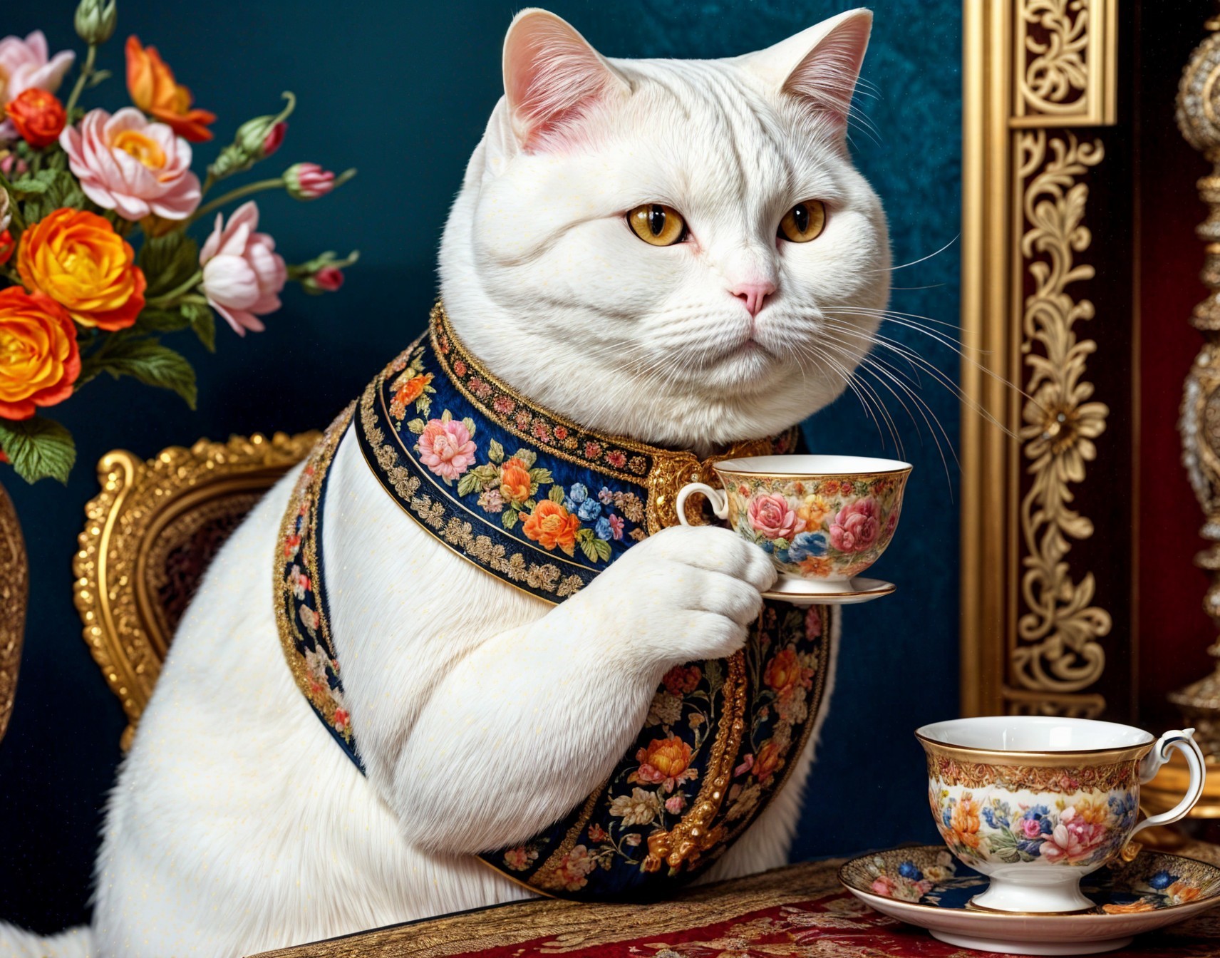 Elegant White Cat in Floral Vest with Teacup