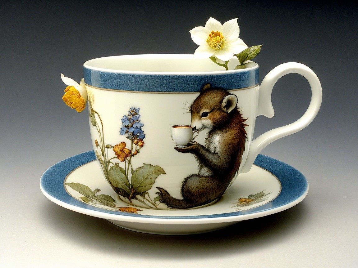 Whimsical Porcelain Teacup with Animal Illustration