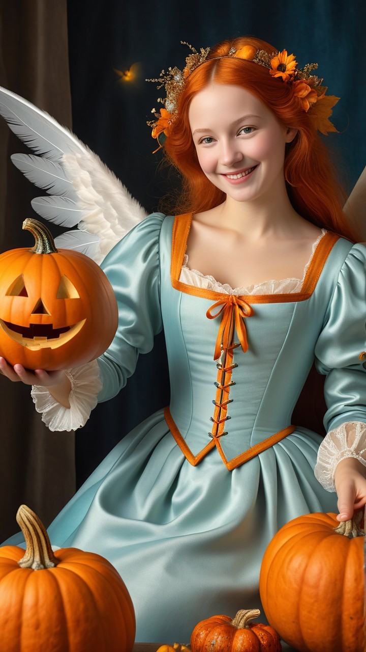 Young woman with red hair and wings holding pumpkin