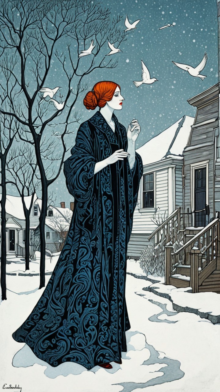 Winter Scene with Woman in Dark Blue Robe and Snow
