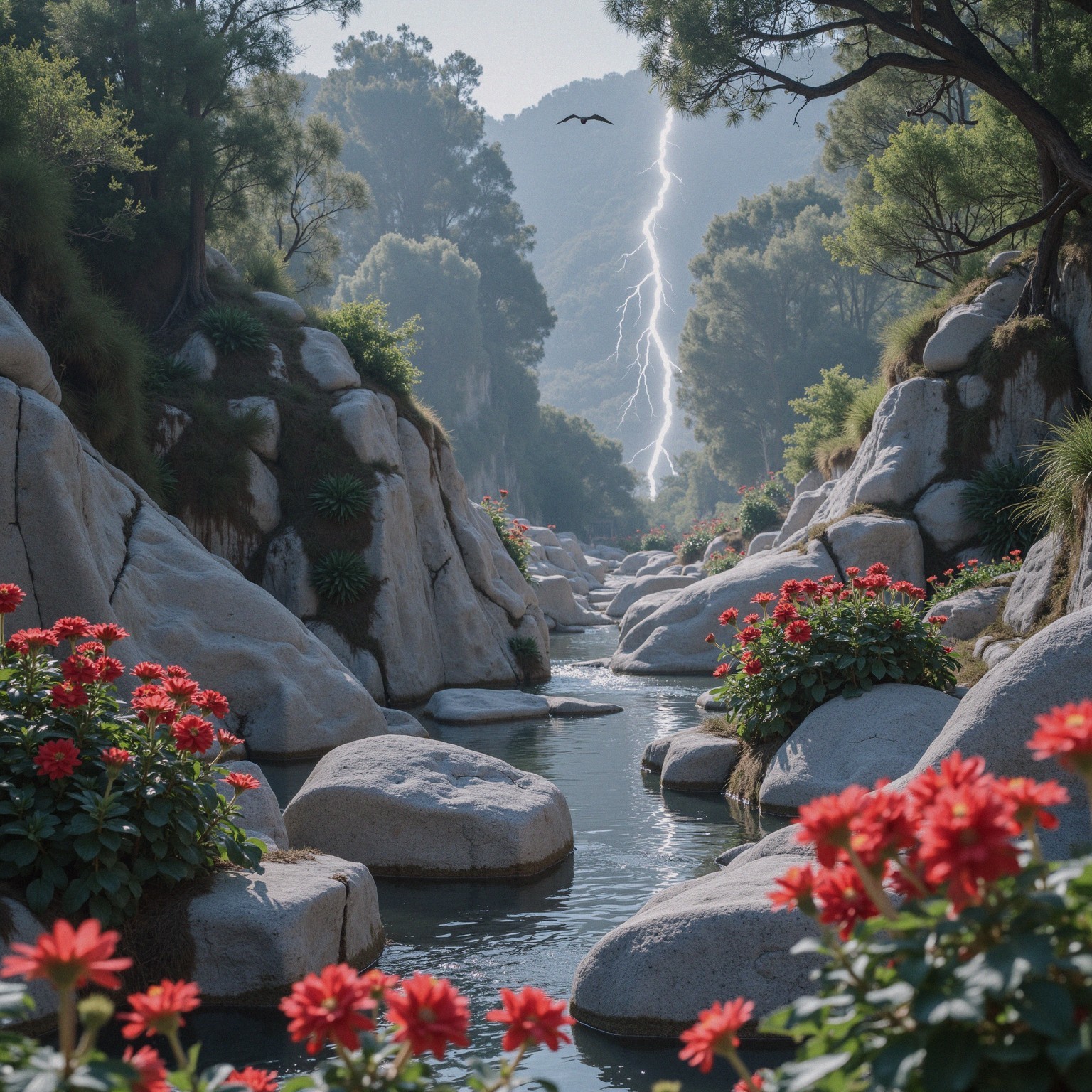 Serene Landscape with River, Boulders, and Lightning
