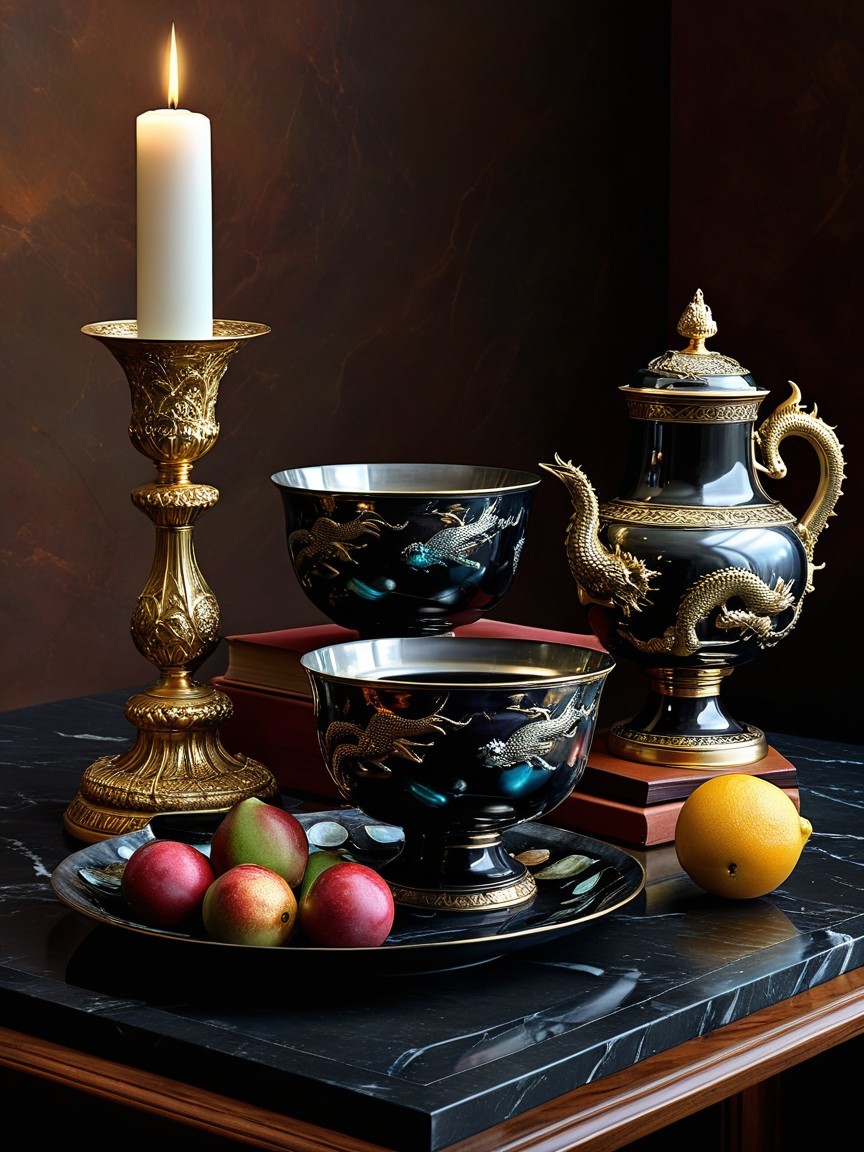 Luxurious Still Life with Golden Accents and Fruits