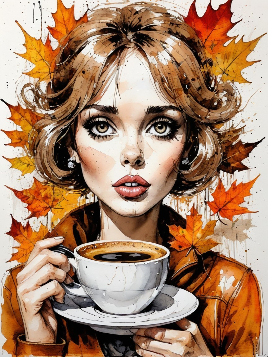 Young Woman with Coffee Surrounded by Autumn Leaves