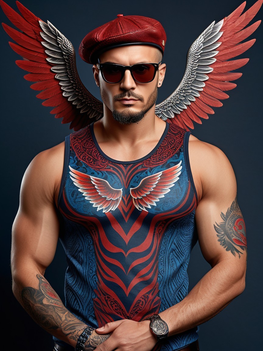 Muscular Man in Red Beret with Dramatic Wings