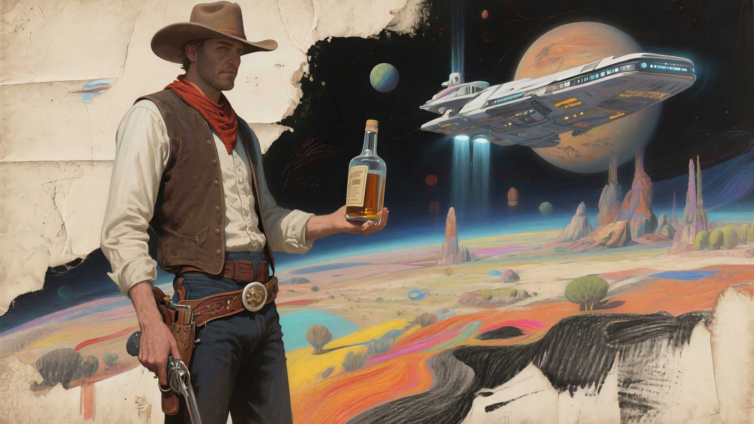 Cowboy with Whiskey in Sci-Fi Landscape Art