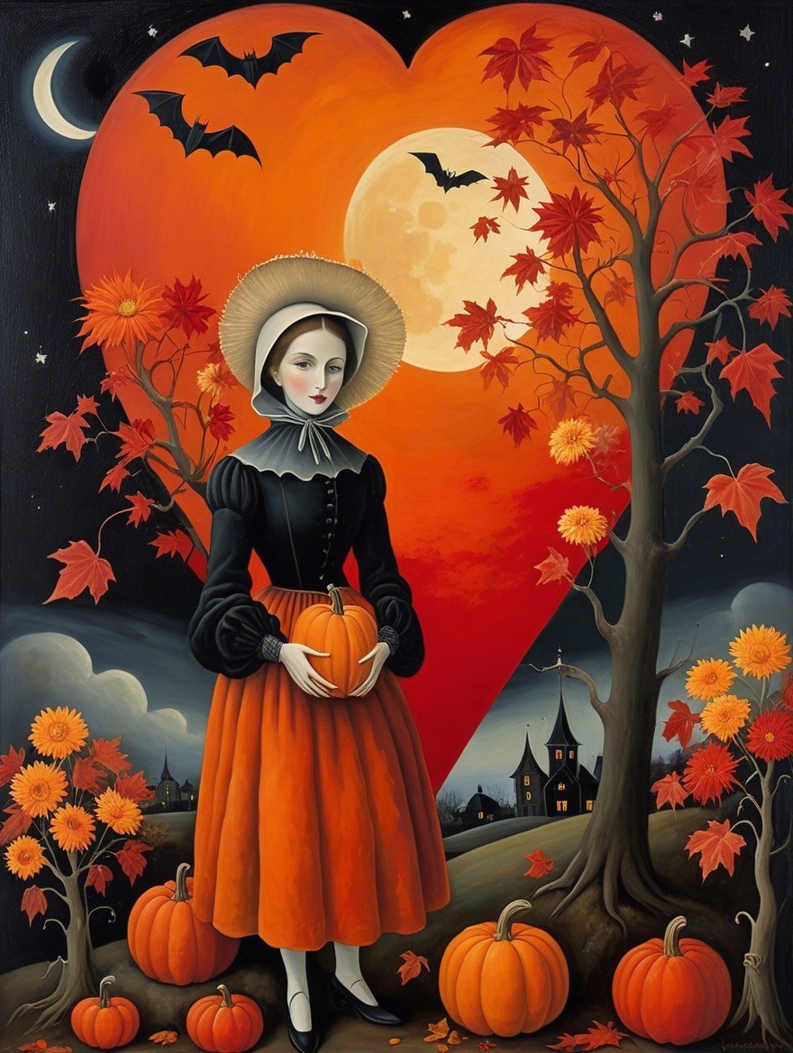 Whimsical Halloween Scene with Woman and Pumpkins