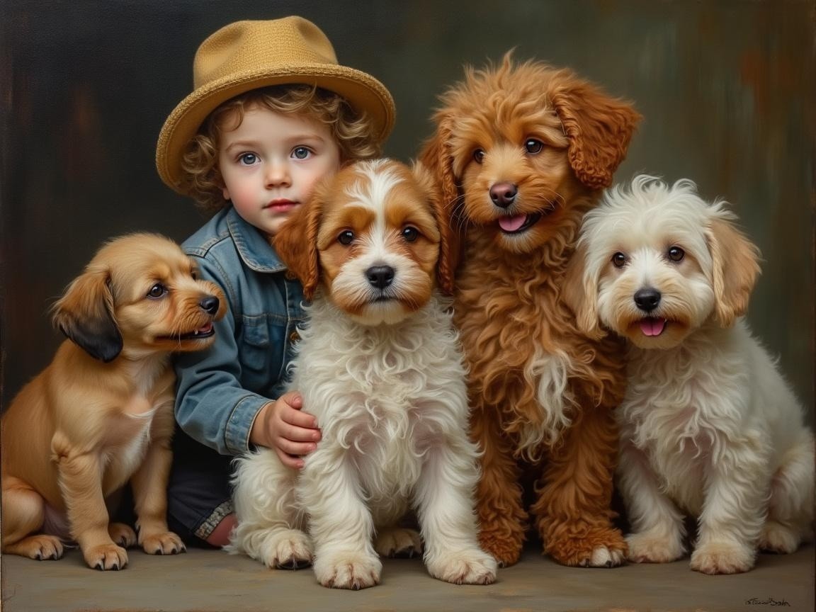 Child in denim jacket sits with four playful puppies