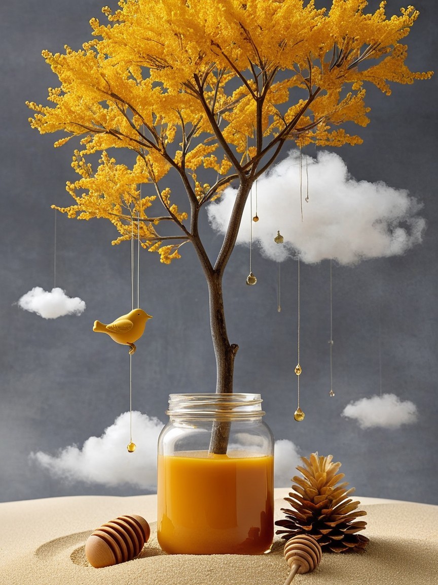 Whimsical Scene with Yellow Tree and Honey Juice