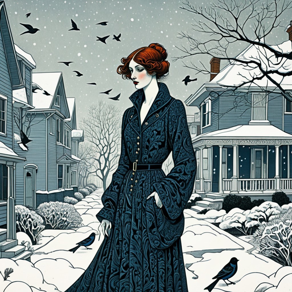 Woman in Dark Coat Amidst Snowy Suburban Landscape