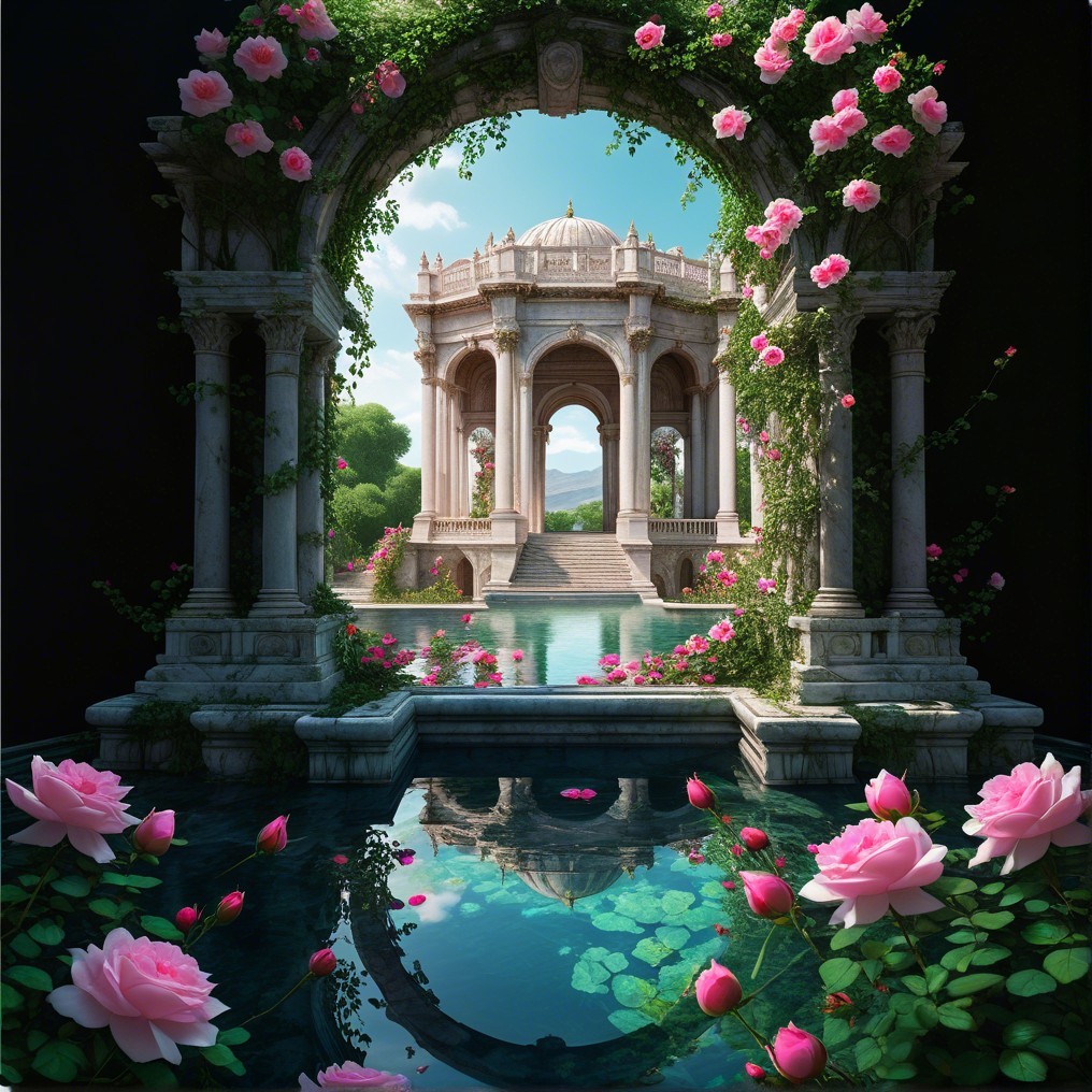 Ornate stone archway with roses and tranquil water