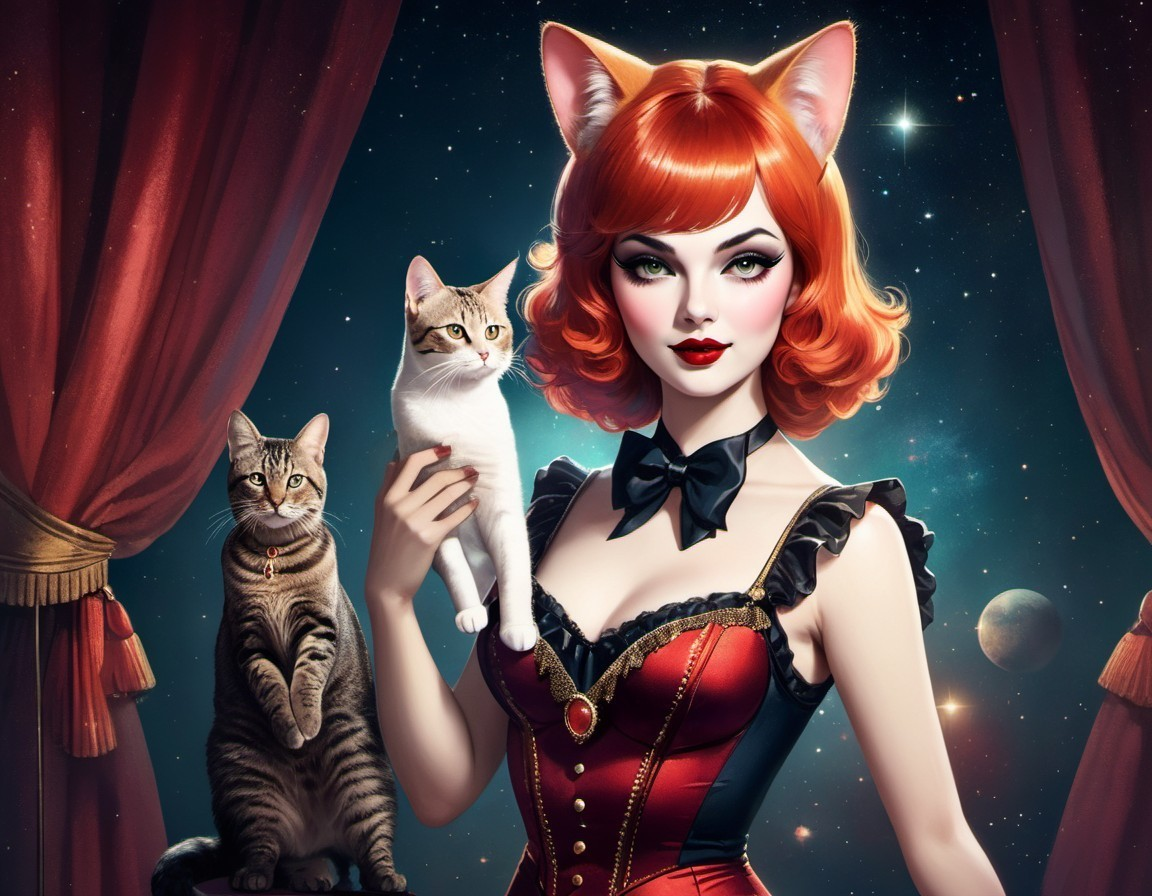 Glamorous Woman with Cat in Cosmic Landscape