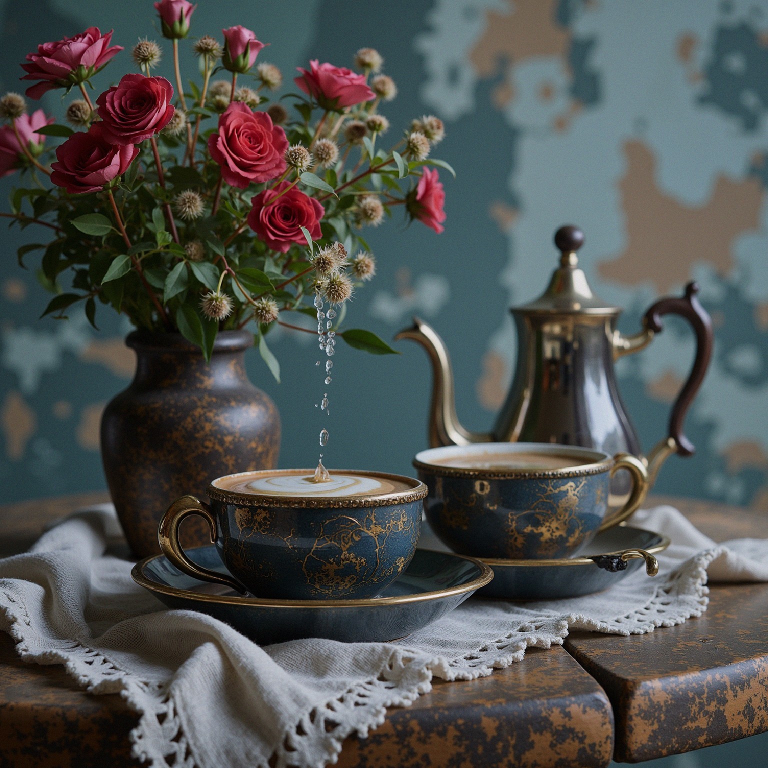 Rustic Table Setting with Elegant Porcelain Teacups