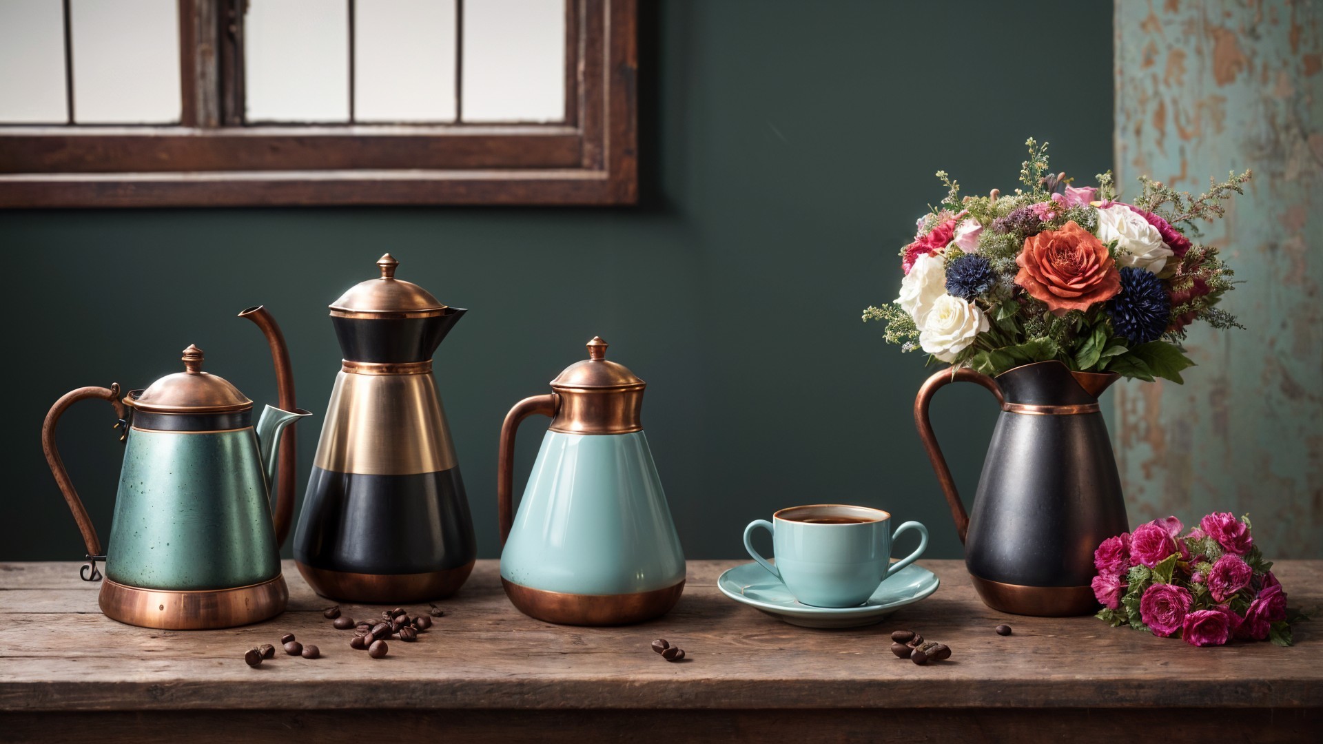 Vintage Coffee Pots and Floral Display on Wooden Table