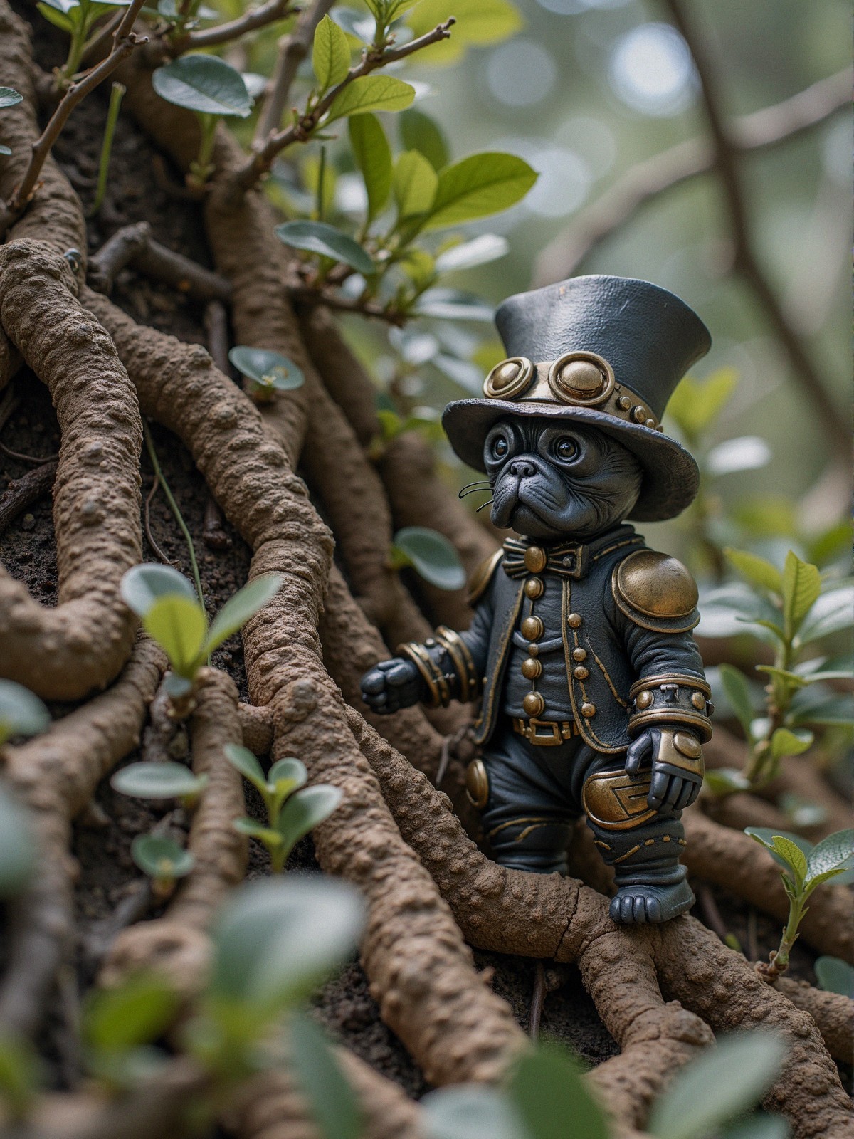 Steampunk Cat in Suit Amidst Lush Greenery