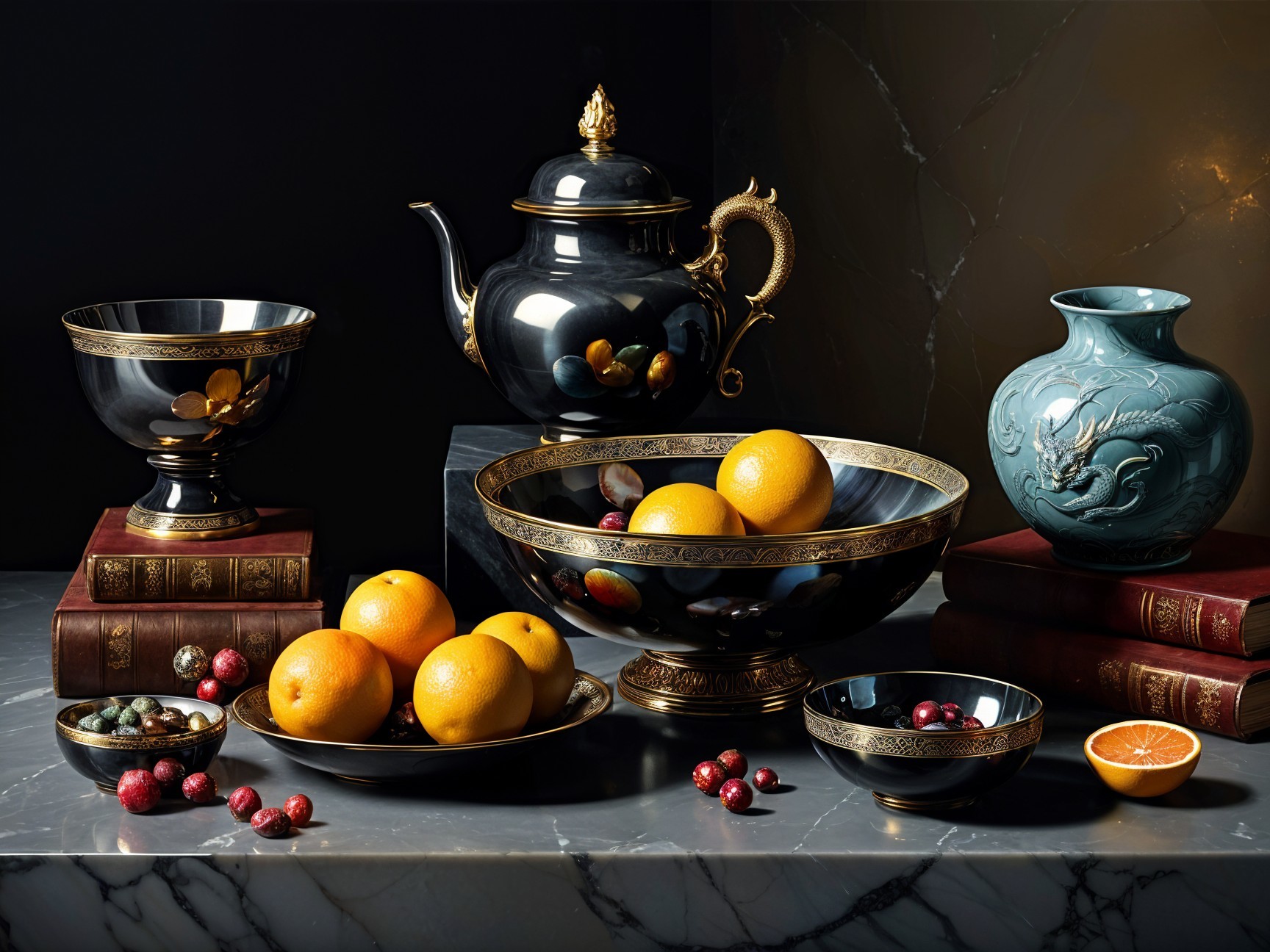 Elegant Still Life with Black and Gold Tableware