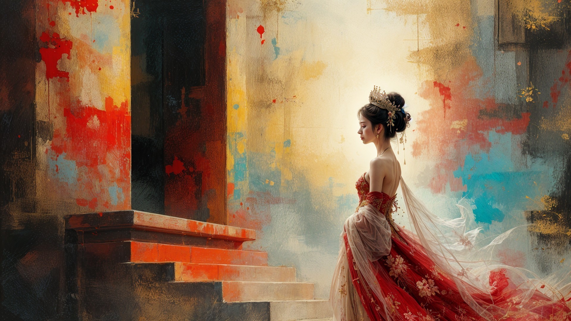 Elegant figure in red gown against ornate steps