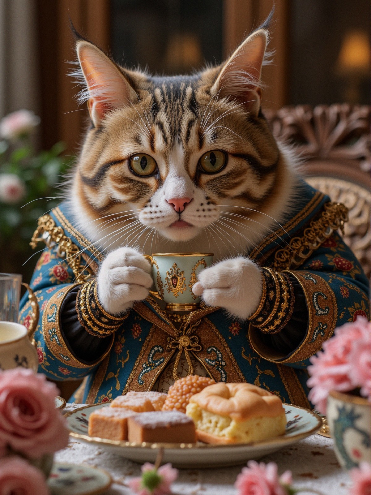 Regal Cat at Lavish Tea Table with Pastries and Roses