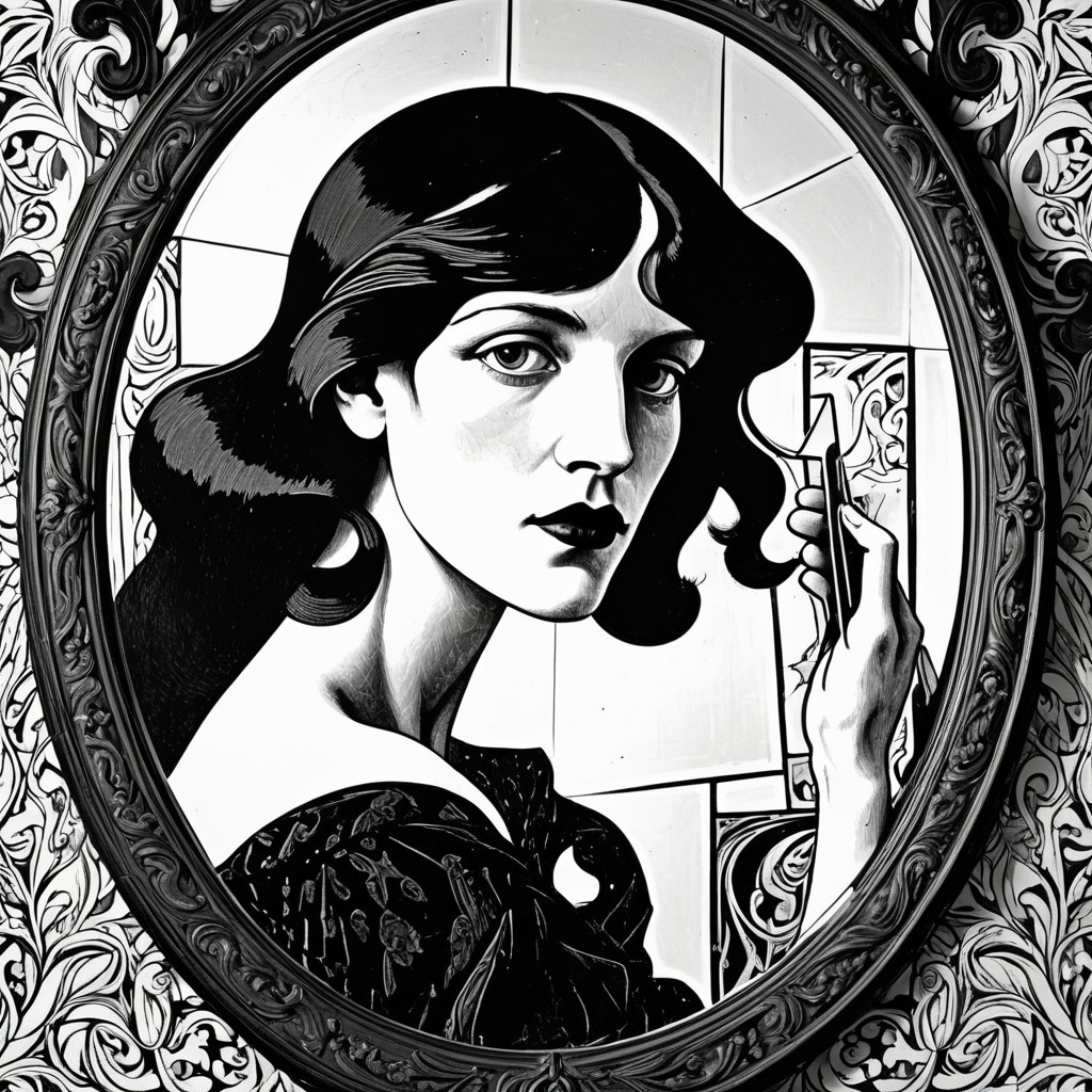 Black and white portrait of a woman with ornate border