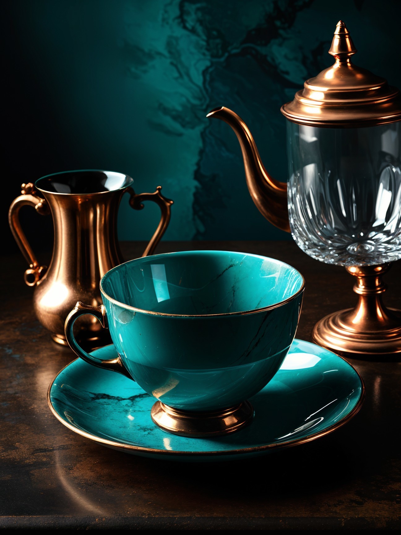 Turquoise Tea Cup and Saucer with Vintage Tableware