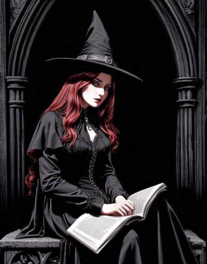 Gothic Woman with Red Hair in Dark Setting