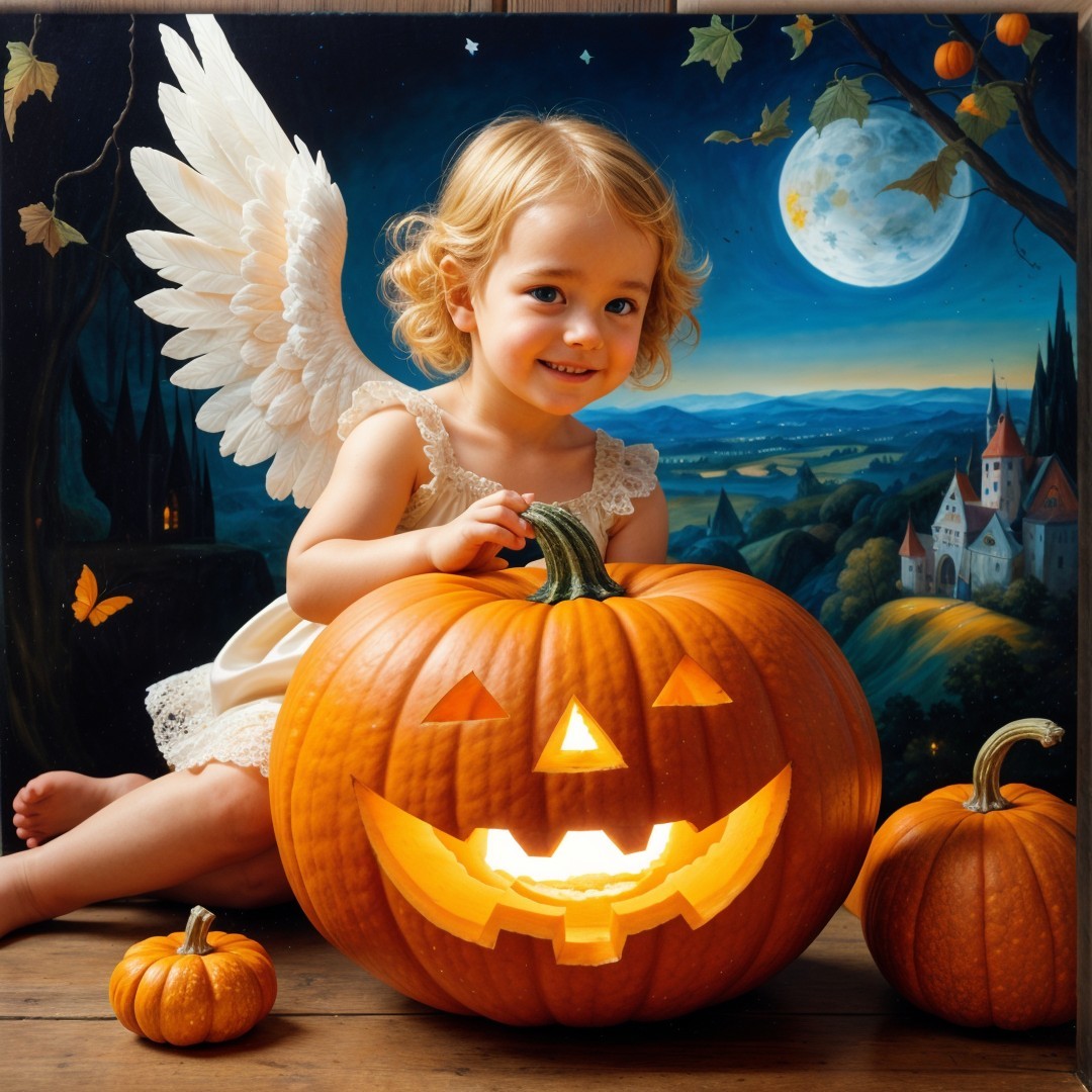 Toddler with Wings and Pumpkin in Halloween Scene