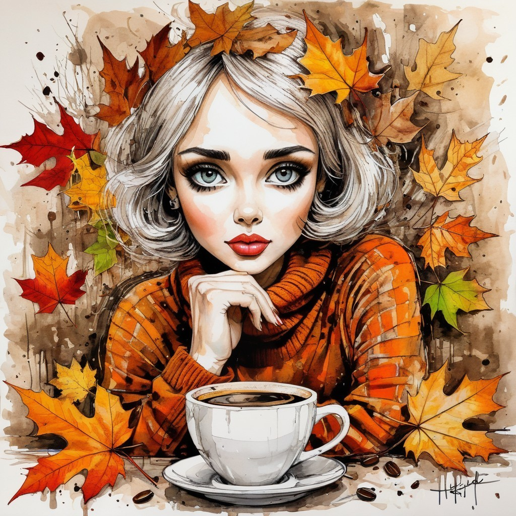 Young woman in cozy sweater among autumn leaves