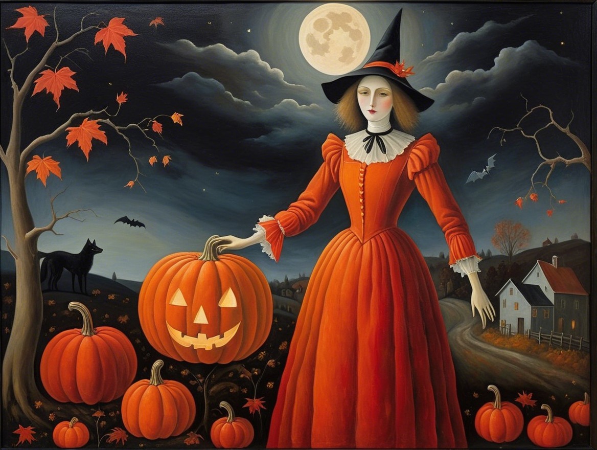 Witch in Orange Gown in Moonlit Pumpkin Scene