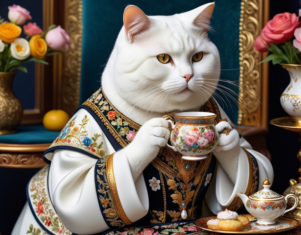 Regal White Cat in Lavish Gown with Floral Patterns