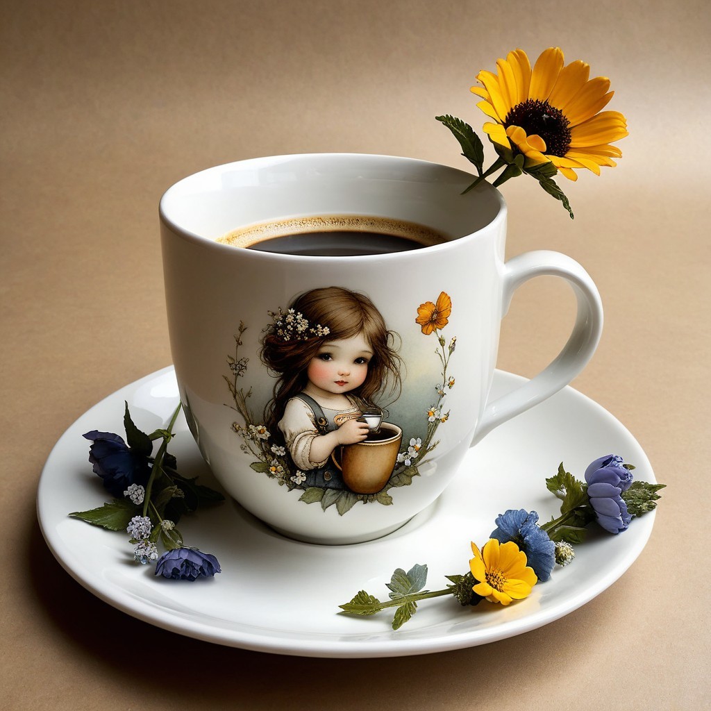 Charming White Coffee Cup with Floral Illustrations
