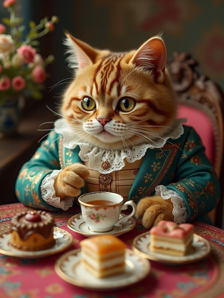 Regal Cat in Teal Jacket at Whimsical Tea Party