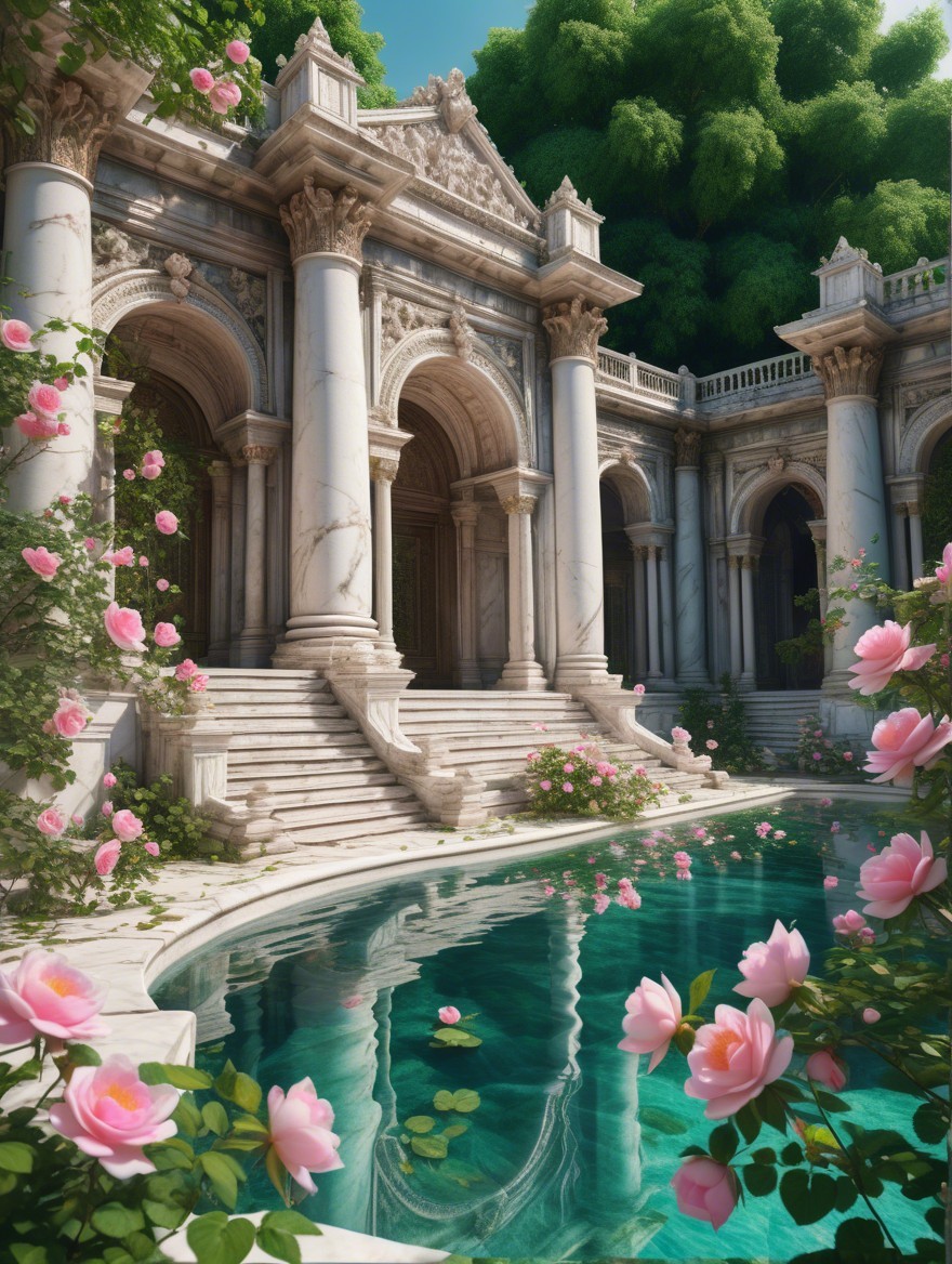 Serene Courtyard with Marble Architecture and Pool