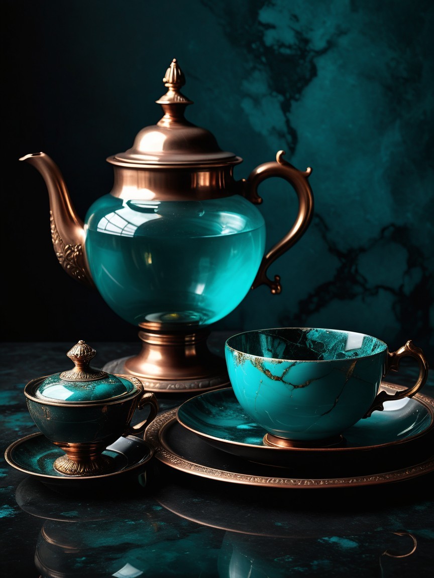 Elegant Bronze Tea Set with Turquoise Glass Accents