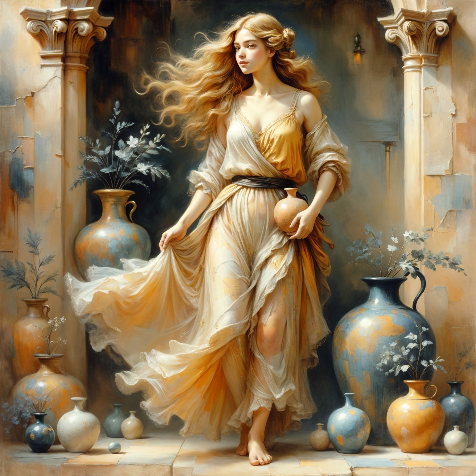 Ethereal Woman in Sunlit Courtyard with Pottery