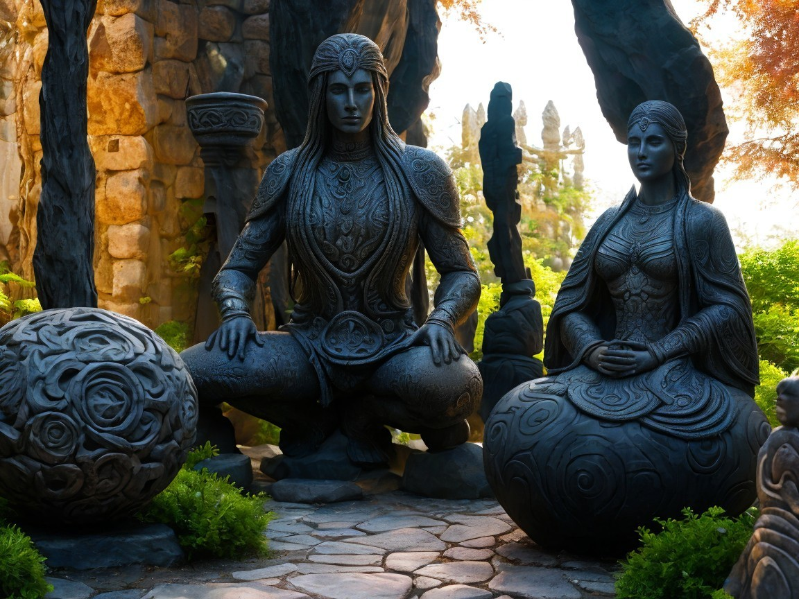 Intricately Carved Black Stone Statues in Garden Setting