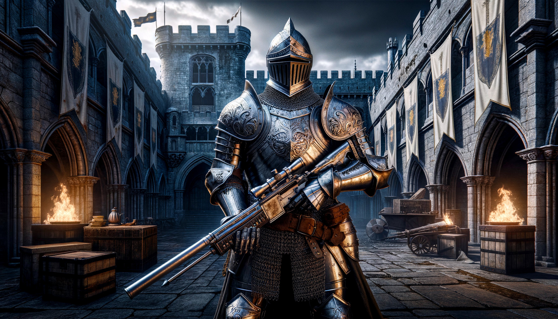 Knight in Armor with Modern Rifle in Medieval Courtyard