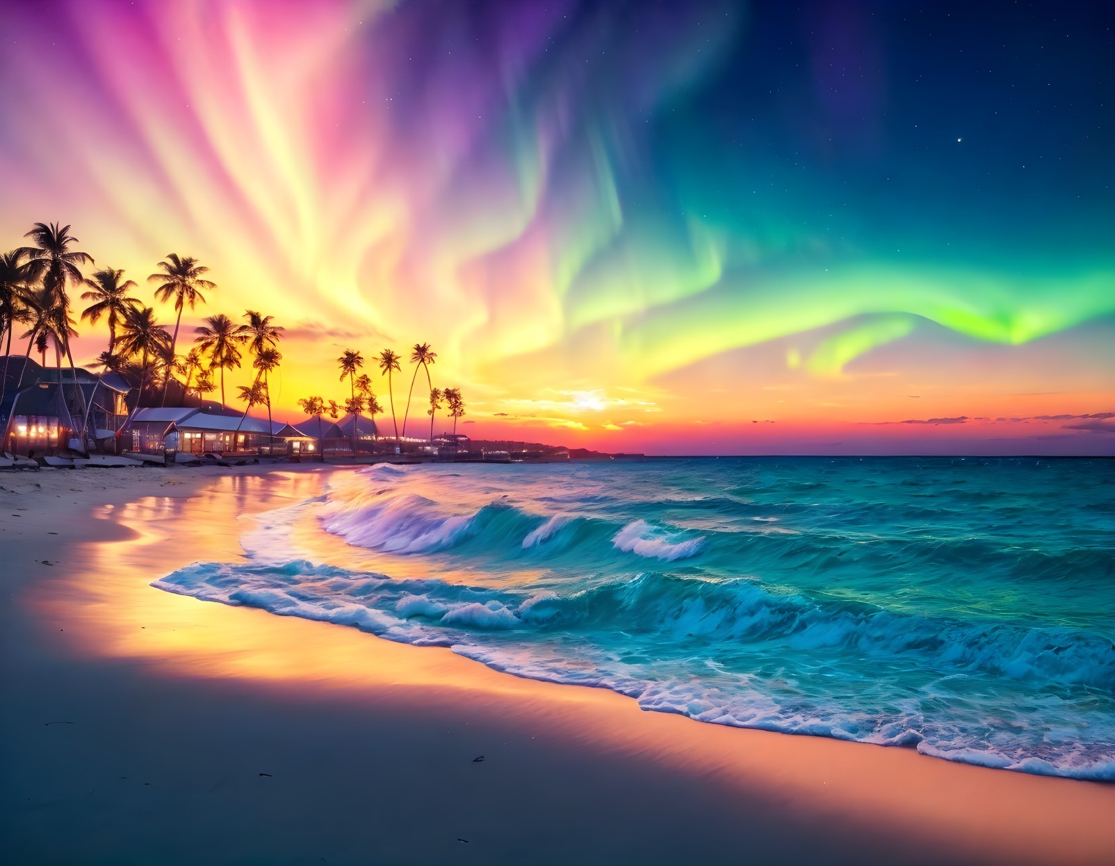 Vibrant aurora borealis over tropical beach at sunset