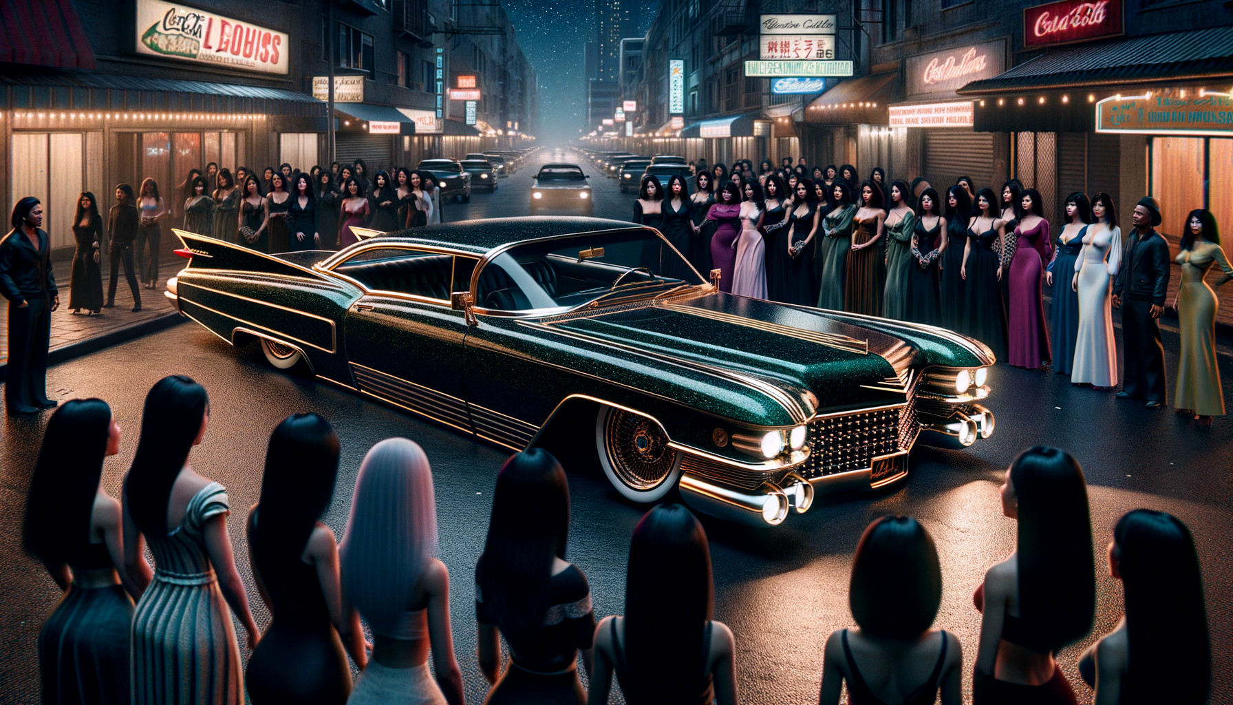 Vintage Cadillac in a Nighttime Street Scene