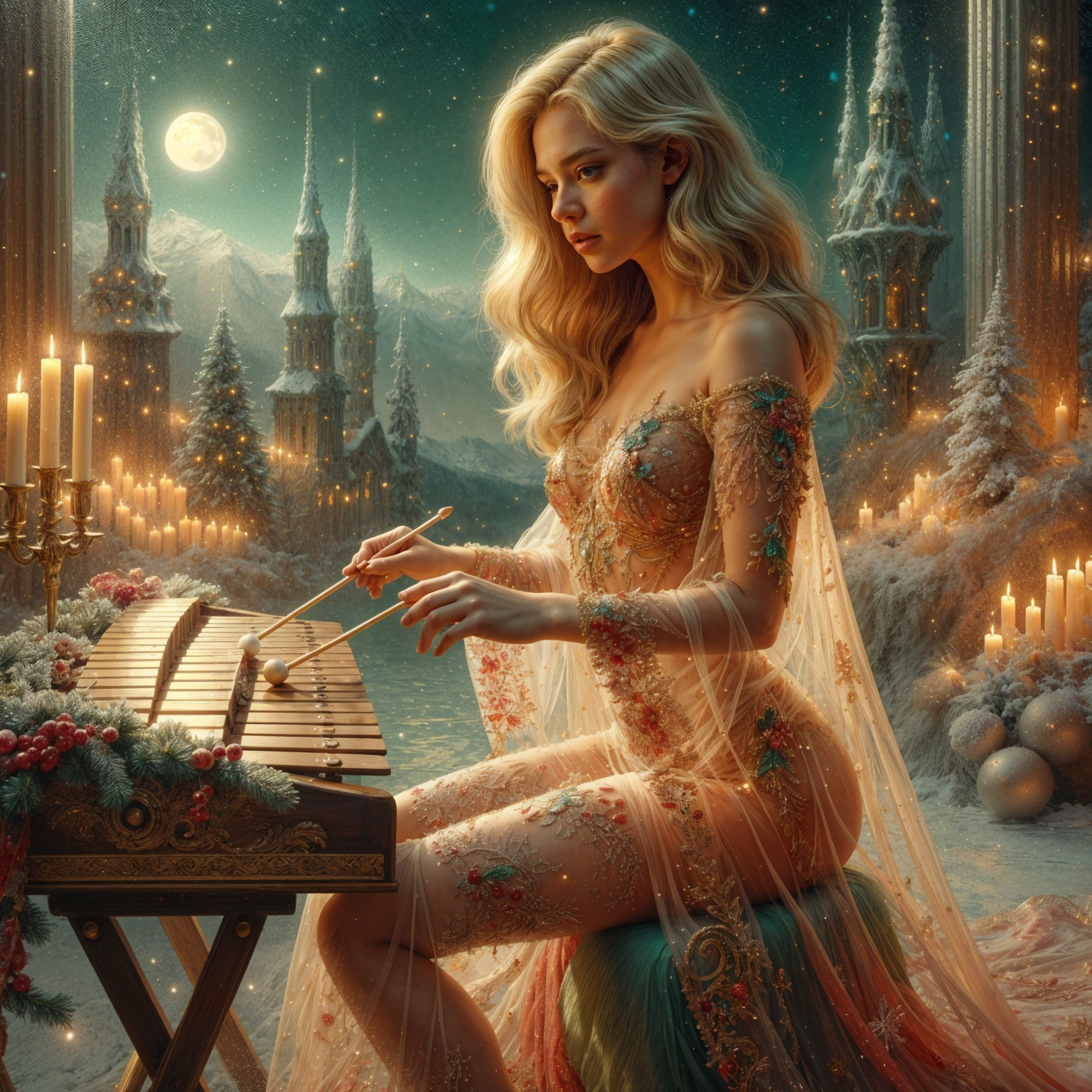 Magical Winter Landscape with Musical Woman and Castles
