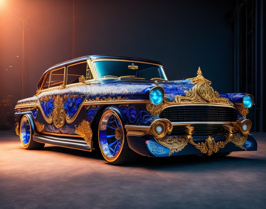 Vintage Car with Gold Filigree and Blue Paint in Studio Lighting