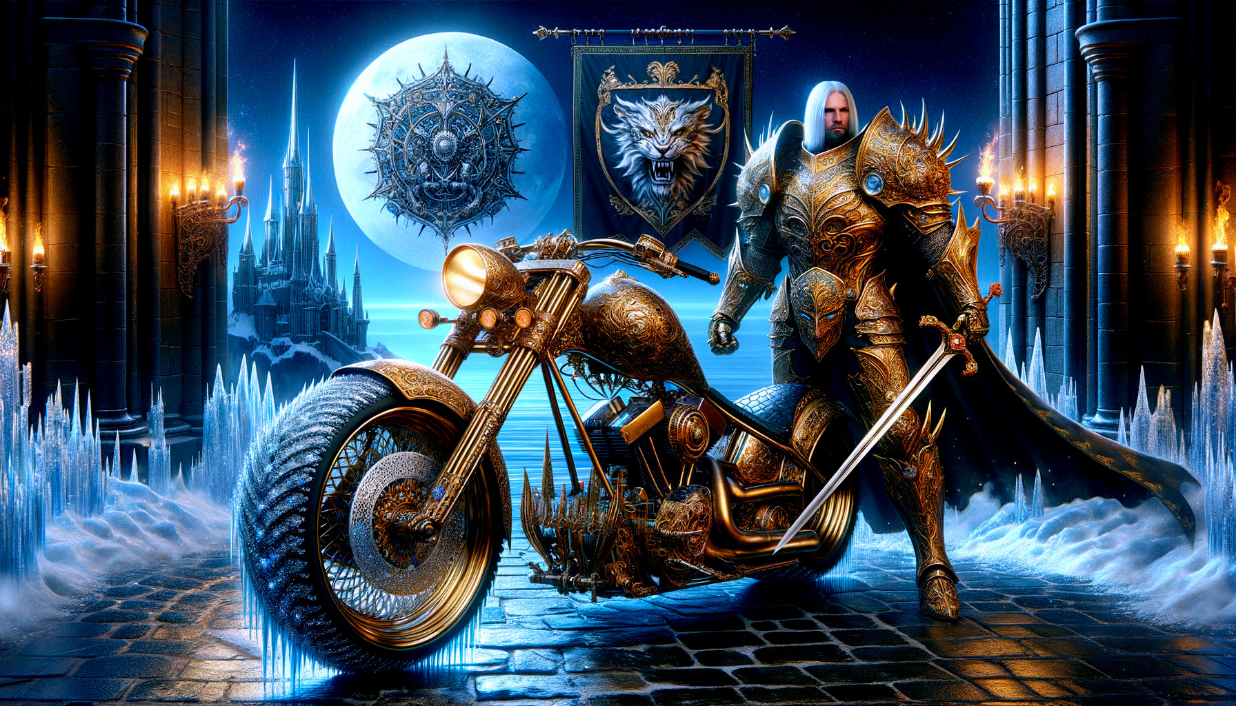 Warrior in Golden Armor Beside Fantasy Motorcycle