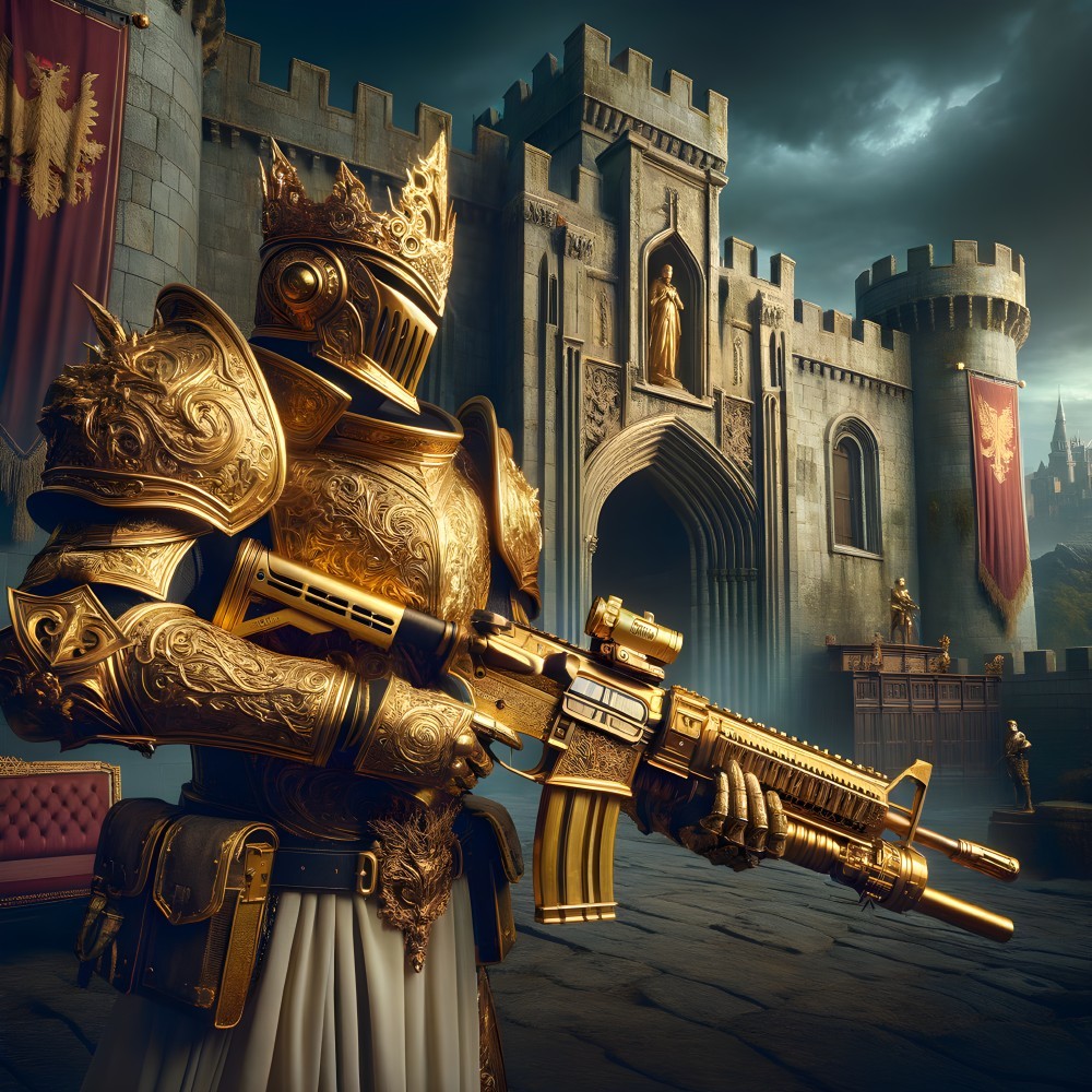 Golden-armored knight with rifle near majestic castle