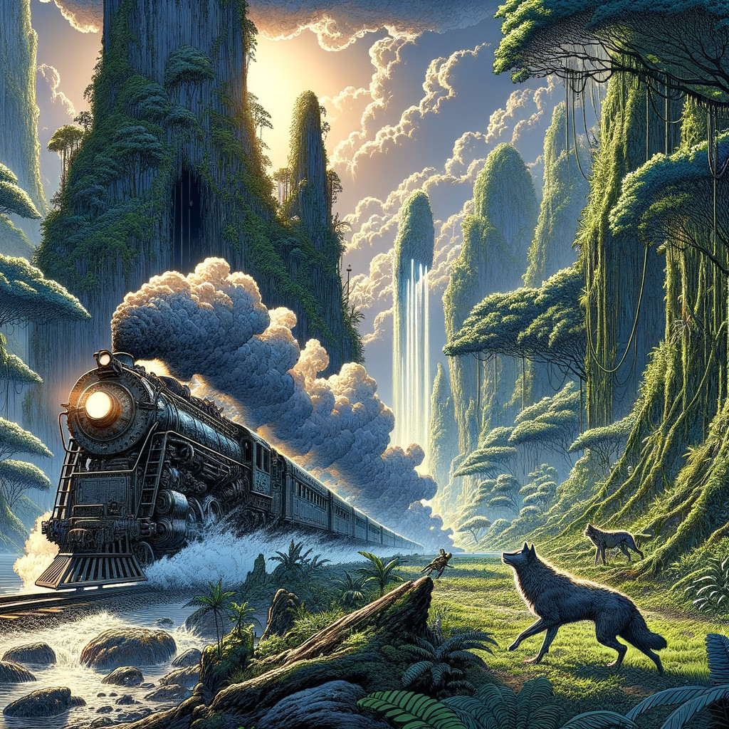 Steam Train in a Lush Forest with Waterfalls and Wolf