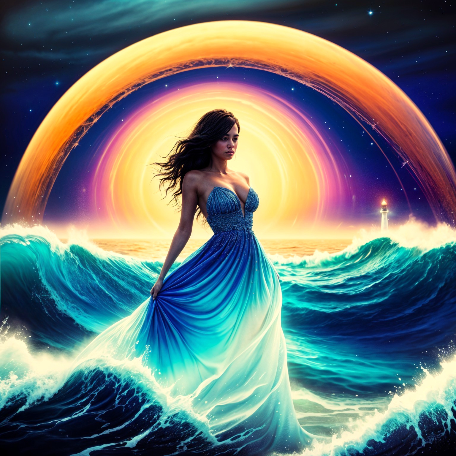 Woman in Blue Ombre Gown with Sunset and Waves