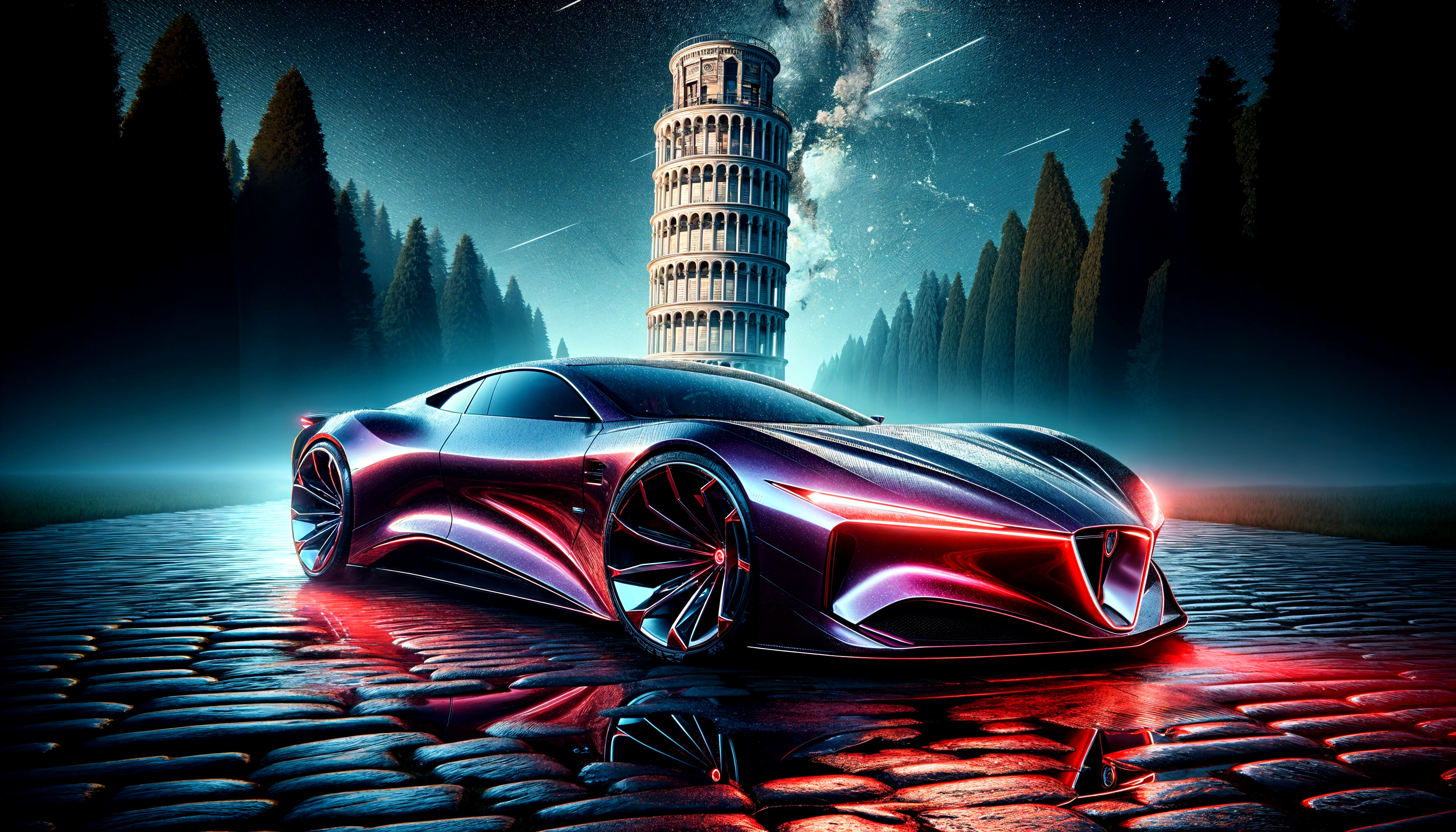 Futuristic Car with Neon Accents by Leaning Tower of Pisa