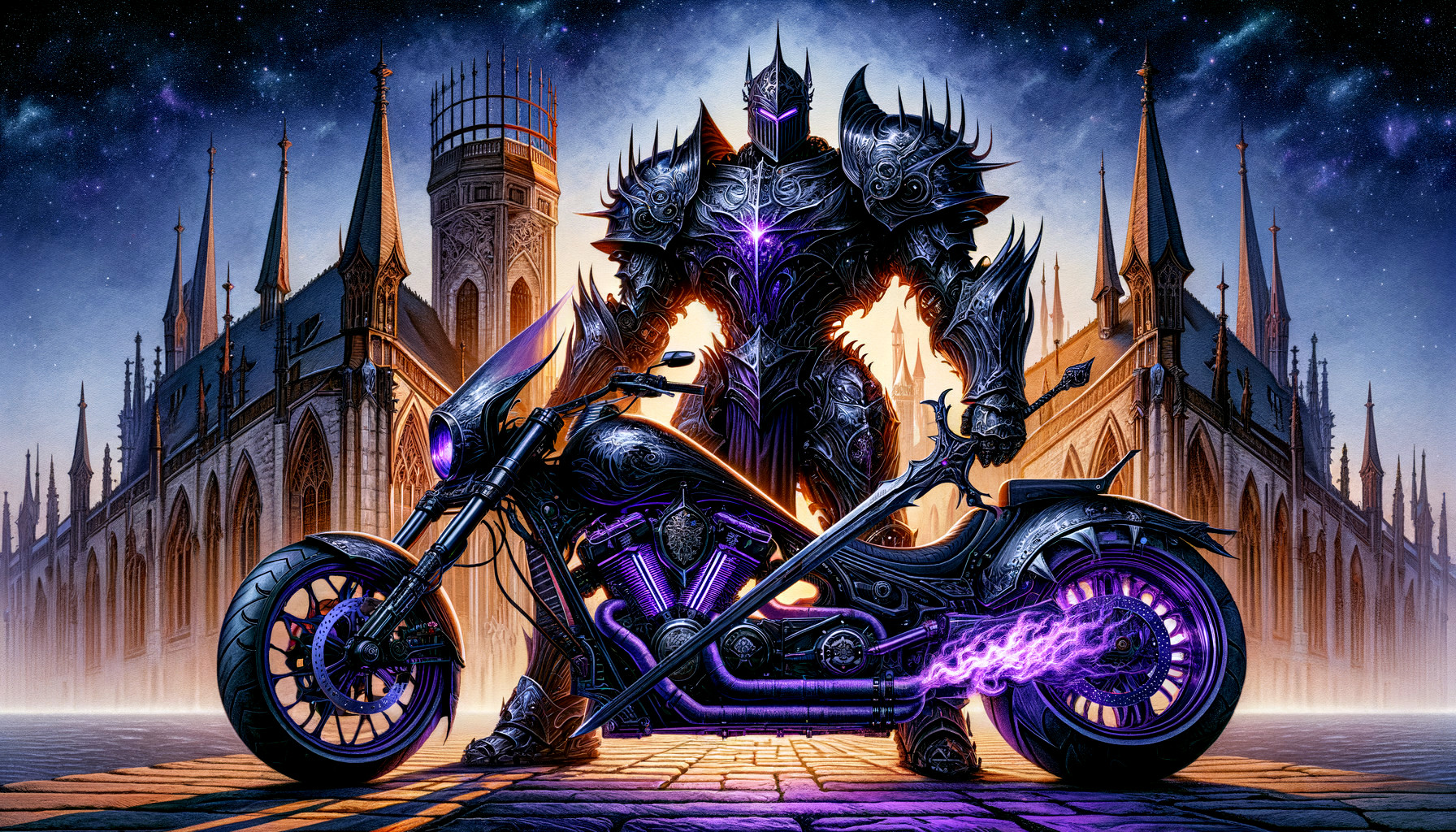 Armored Figure and Motorcycle in Dark Fantasy Setting